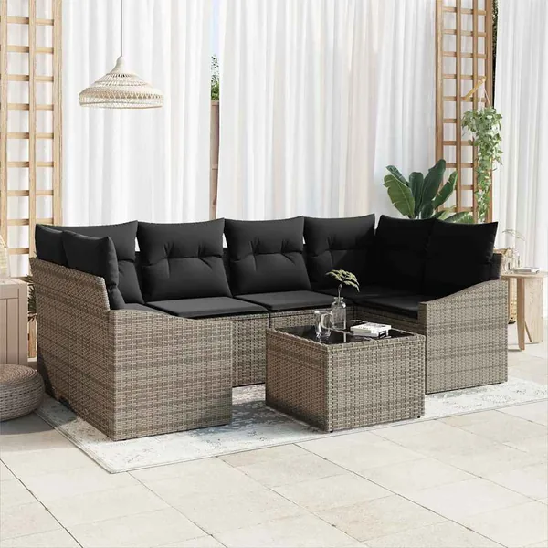 Ensemble de Canapés avec coussin 7 pcs Gris polyrotin