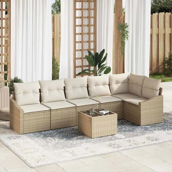 Ensemble de Canapés avec coussin 7 pcs Beige polyrotin