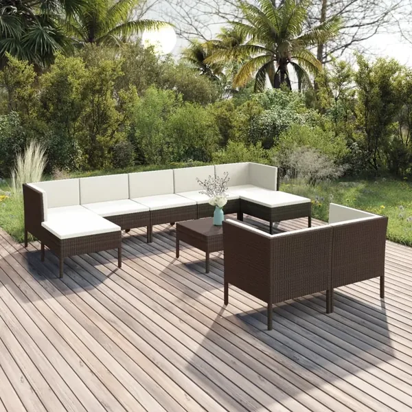 Salon de jardin 10 pcs avec coussins Résine tressée Marron
