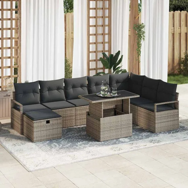 Ensemble de canapé de jardin avec coussin 9 pcs Gris Poly rotin