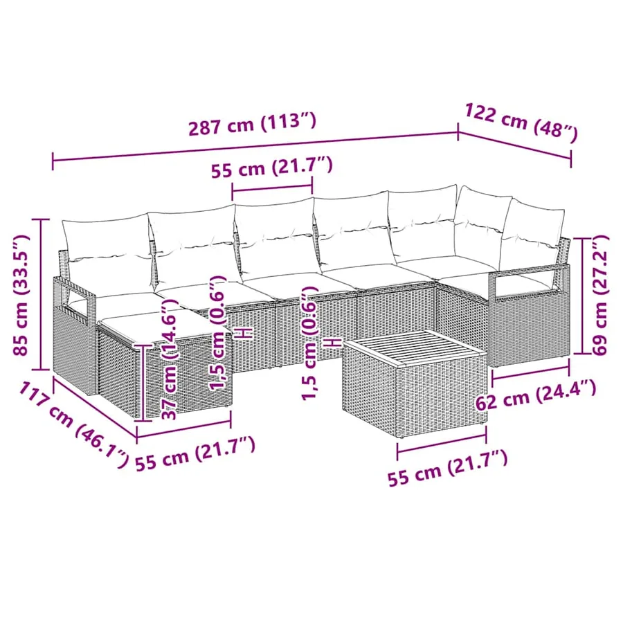 Ensemble de canapé de jardin avec coussin 8 pcs Gris polyrotin - 8