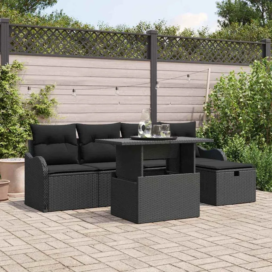 Ensemble de canapé de jardin avec coussin 6 pcs Noir Poly rotin