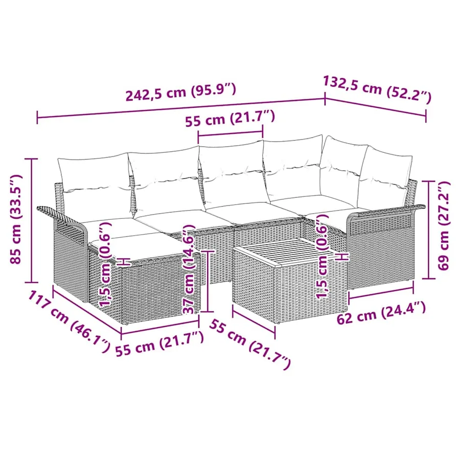 Ensemble de canapé de jardin avec coussin 7 pcs Noir polyrotin - 11