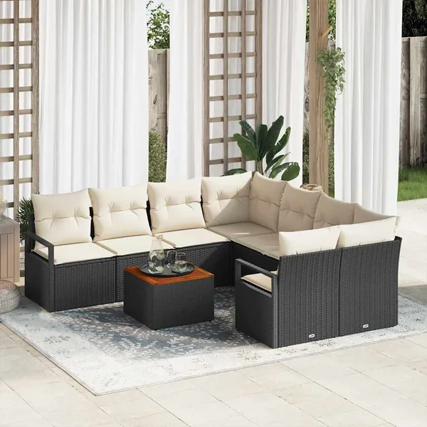 Ensemble de canapé de jardin avec coussin 9 pcs Noir polyrotin