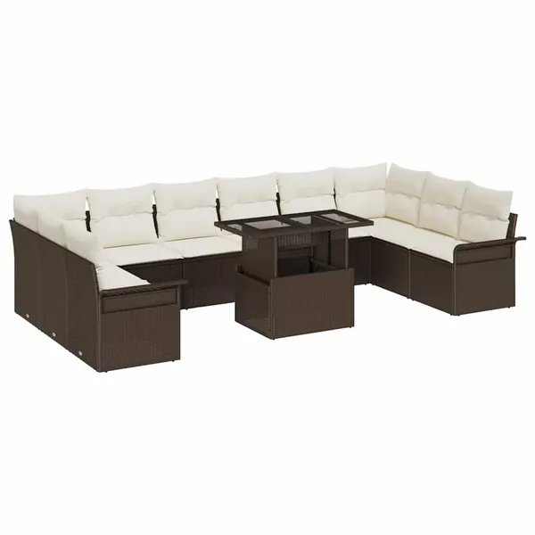 Ensemble de canapé de jardin 11 pcs Marron Poly Rattan