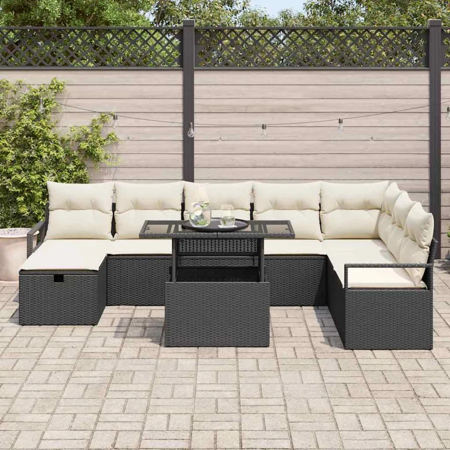 Ensemble de canapé de jardin avec coussin 9 pcs Noir Poly rotin - 3