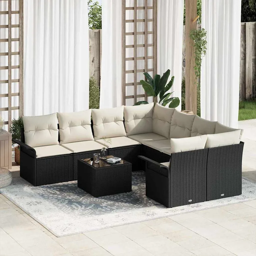 Ensemble de canapé de jardin 9 pcs Noir Poly rotin
