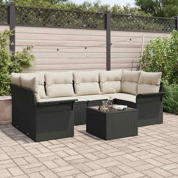 Ensemble de canapé de jardin avec coussin 7 pcs Noir polyrotin