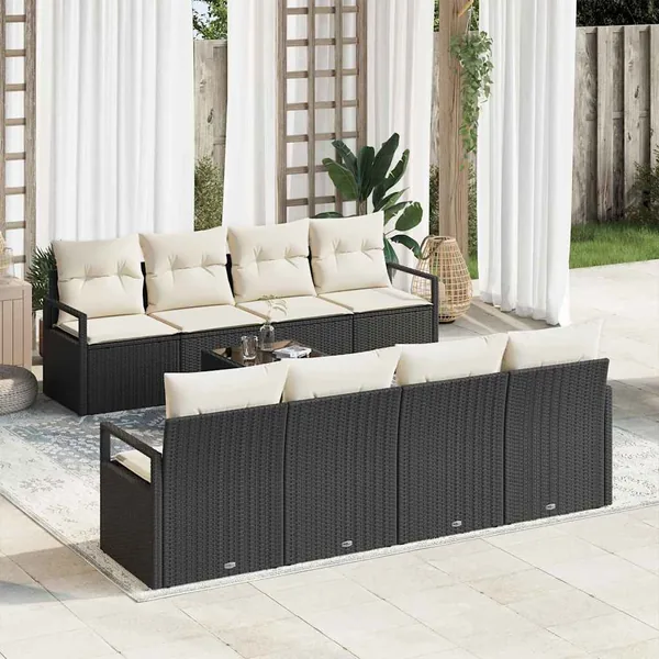 Ensemble de Canapés avec coussin 7 pcs Noir et Crème polyrotin