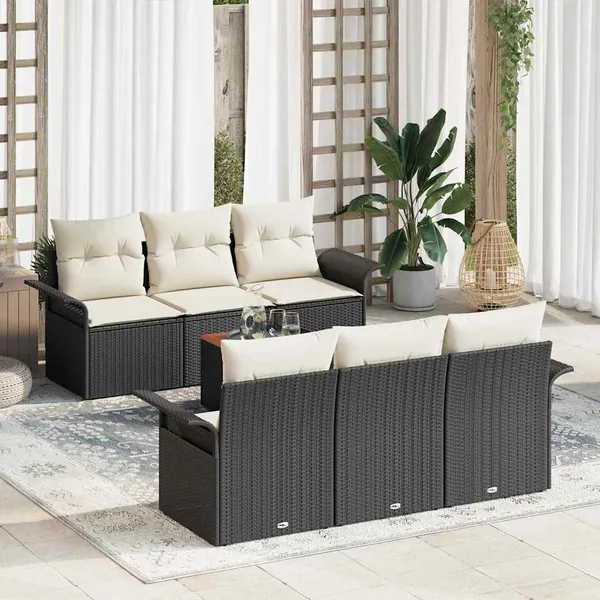 Ensemble de canapé de jardin avec coussin 7 pcs Noir polyrotin