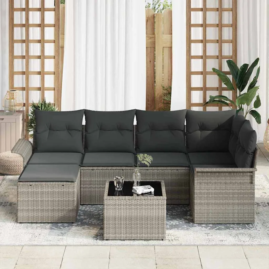 Ensemble de canapé de jardin 7 pcs Gris clair Poly rotin - 3