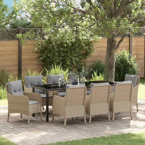 Ensemble de salle à manger pour jardin 9 pcs Beige polyrotin