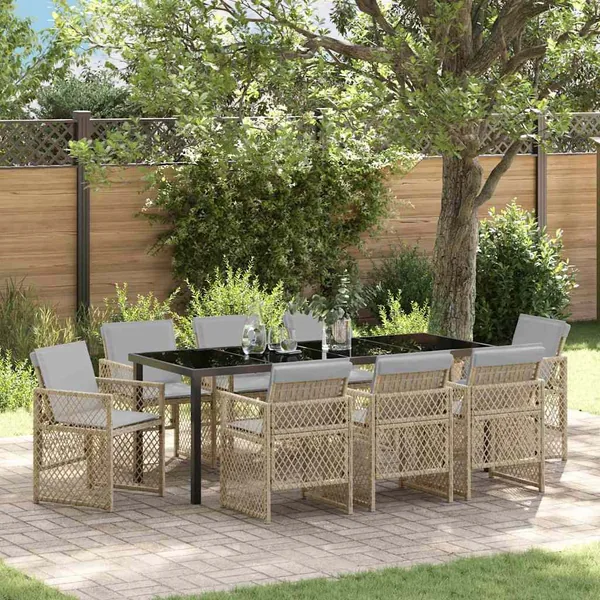 Ensemble de salle à manger pour jardin 9 pcs Beige polyrotin