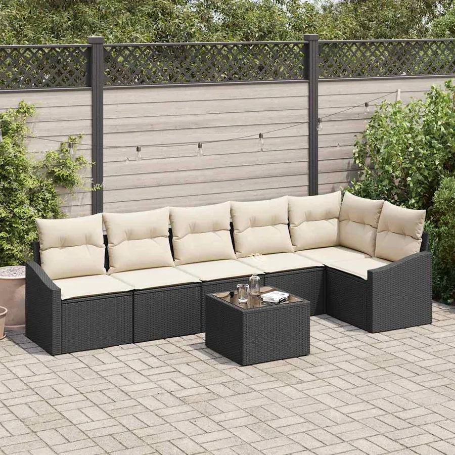 Ensemble de Canapés avec coussin 7 pcs Noir polyrotin