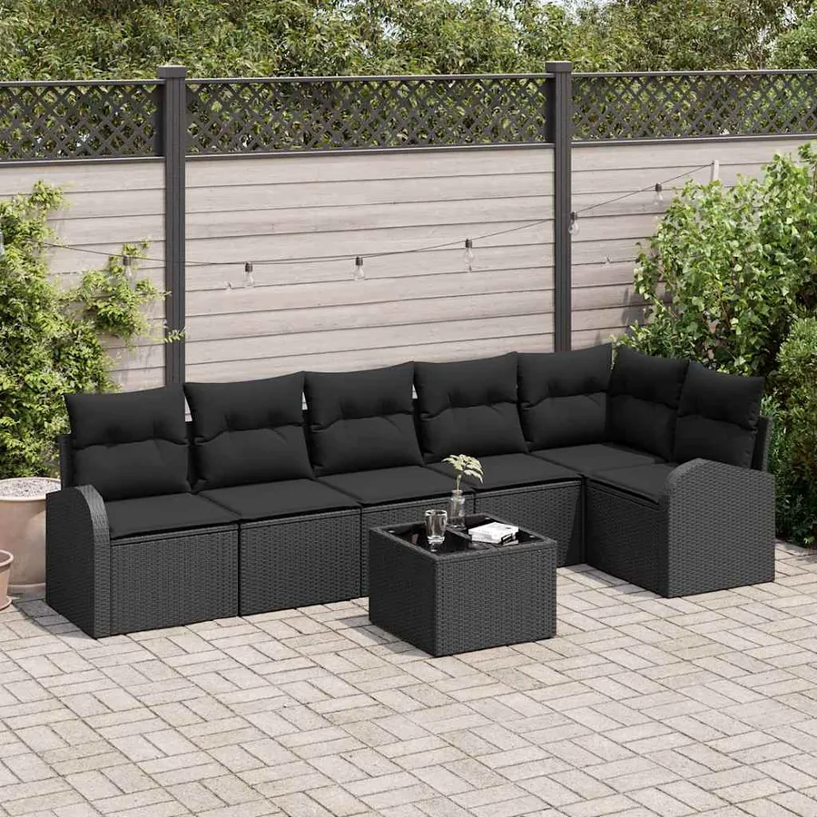 Ensemble de canapé de jardin avec coussin 7 pcs Noir polyrotin