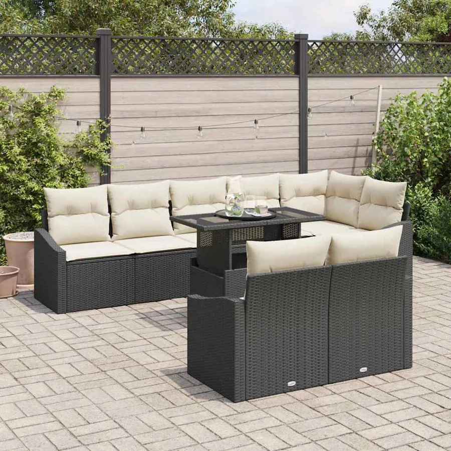 Ensemble de canapé de jardin 9 pcs Noir et Crème polyrotin - 3