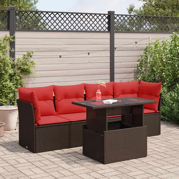 Salon de jardin avec coussins 5pcs marron résine tressée acacia