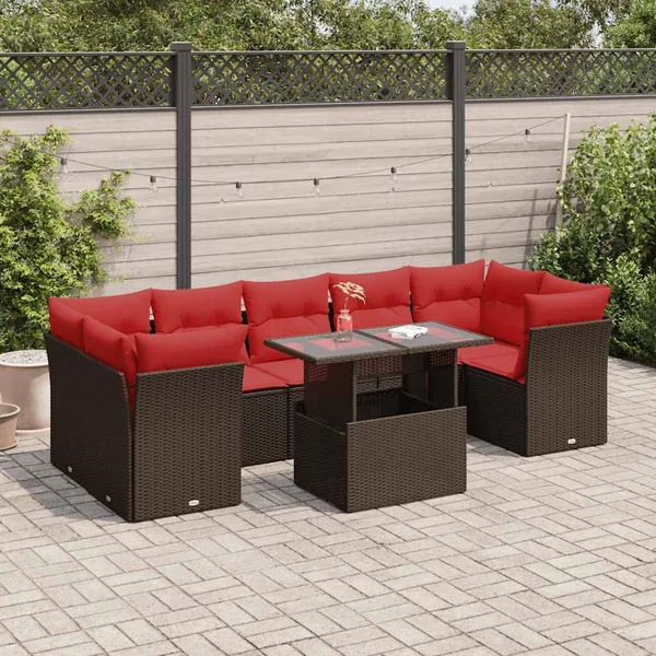 Salon de jardin 8pcs avec coussins marron résine tressée acacia