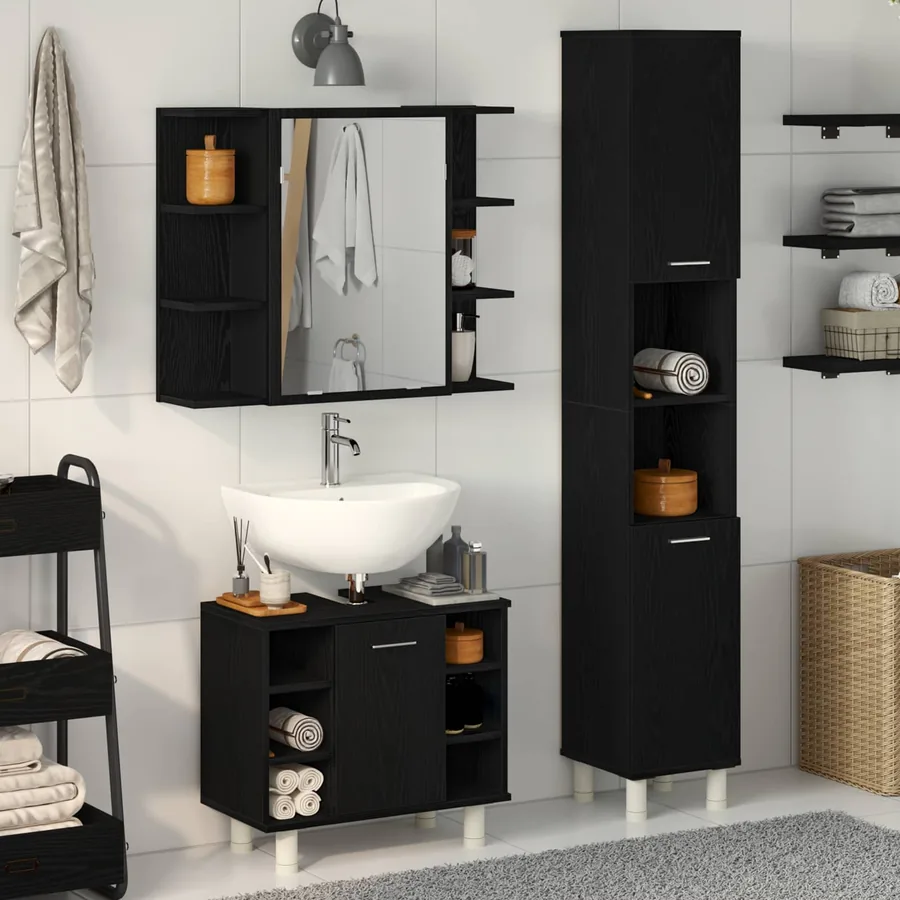 Ensemble de mobilier de salle de bain avec étagère 3 pcs Noir