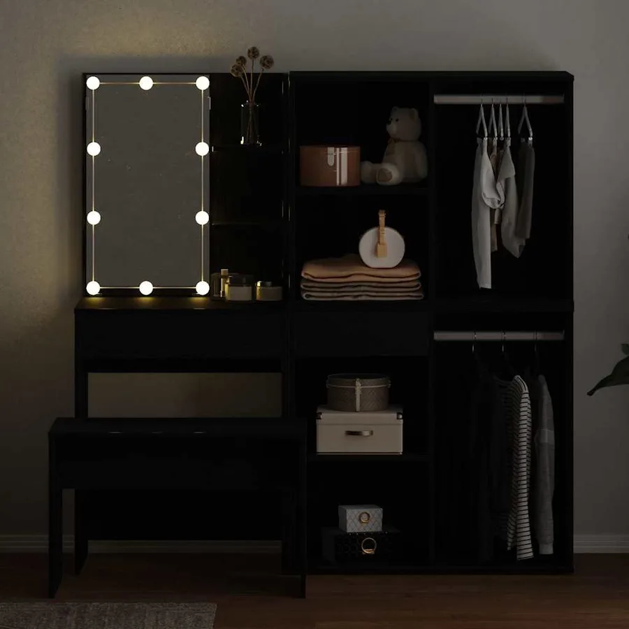 Ensemble de table de maquillage avec LED 4 pcs Chêne noir - 4