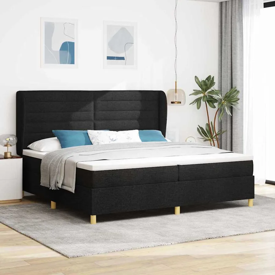 Lit à ressorts avec matelas Noir 200 x 200 cm tissu