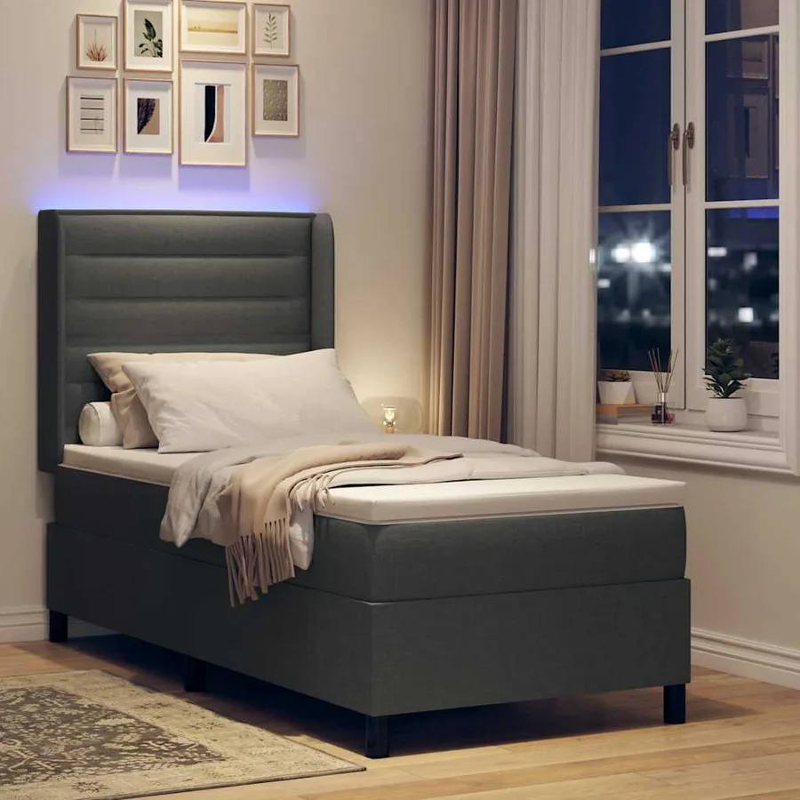Lit à ressort LED avec matelas Gris foncé 100 x 200 cm tissu - 5