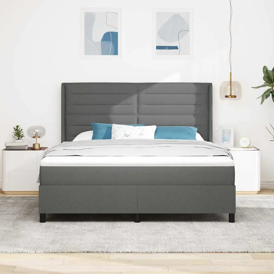 Lit à ressort LED avec matelas Gris foncé 180 x 200 cm tissu - 4