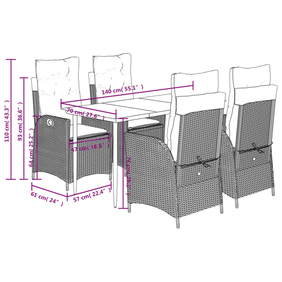 Ensemble à manger de jardin 5 pcs et coussins marron poly rotin - 9
