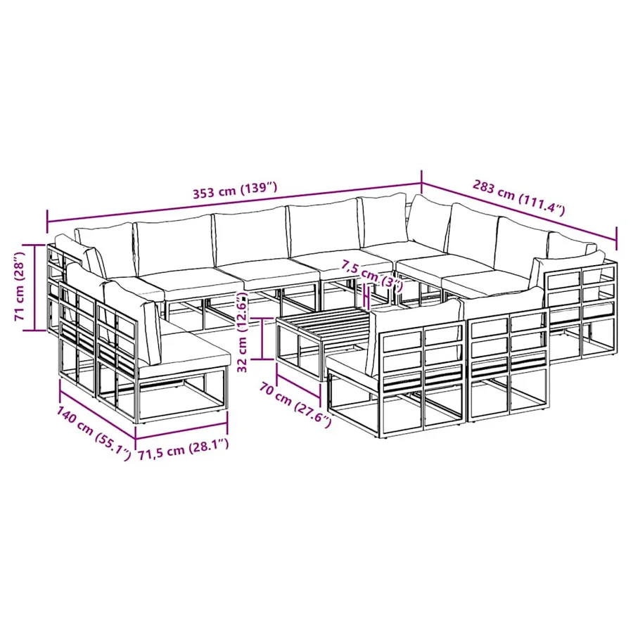 Ensemble de canapé de jardin avec coussin 13 pcs Noir Aluminium - 12