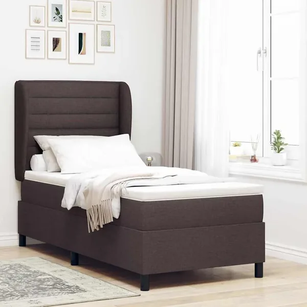 Lit à ressorts avec matelas Marron foncé 90 x 200 cm tissu