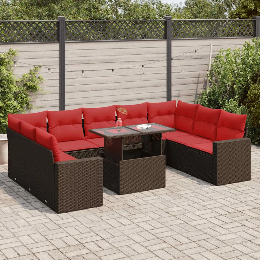 Salon de jardin 10 pcs et coussins marron résine tressée acacia