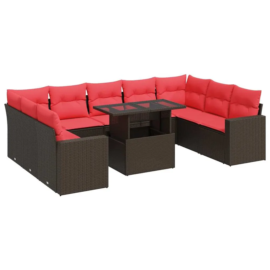 Salon de jardin 10 pcs et coussins marron résine tressée acacia - 2