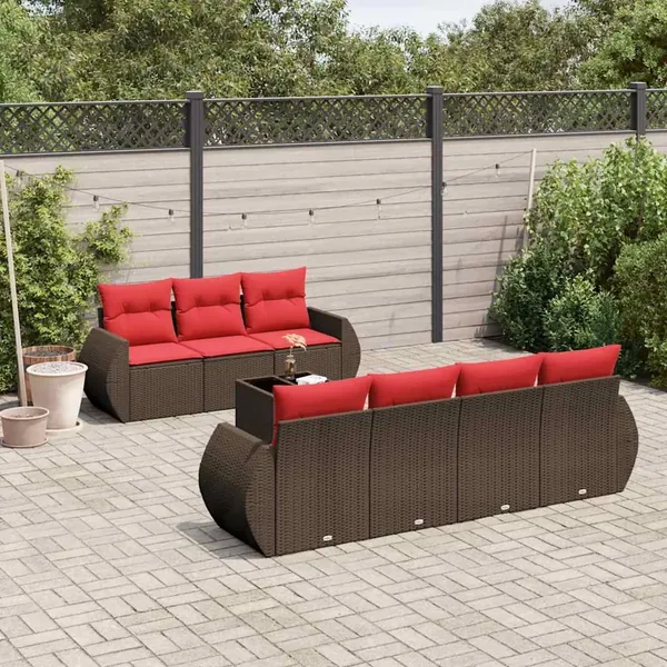 Ensemble de canapé de jardin 8 pcs avec coussins marron résine tressée