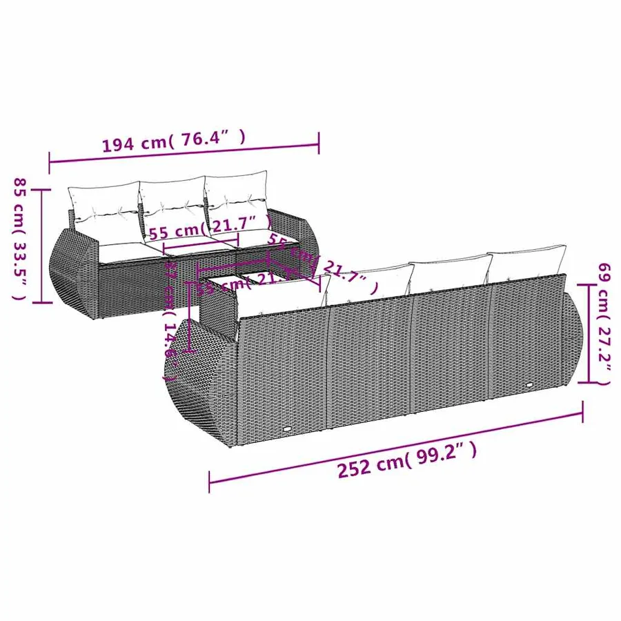 Ensemble de canapé de jardin 8 pcs avec coussins marron résine tressée - 8