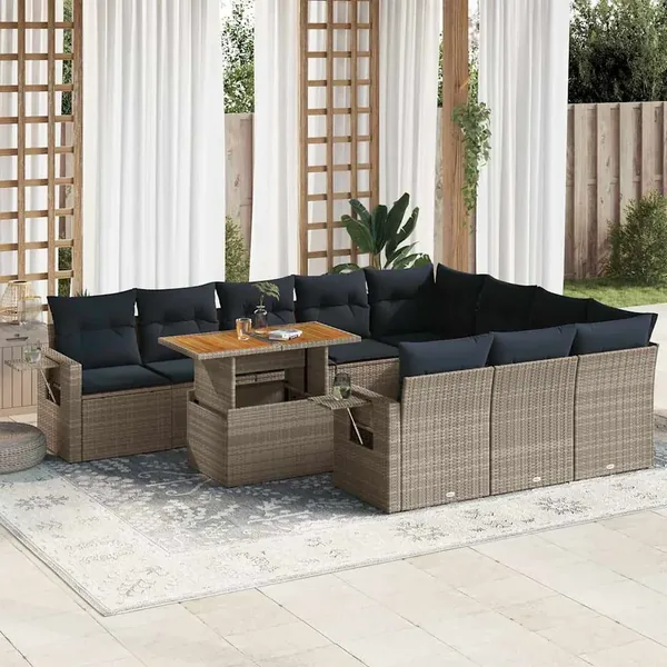 Salon de jardin 11 pcs avec coussins gris résine tressée