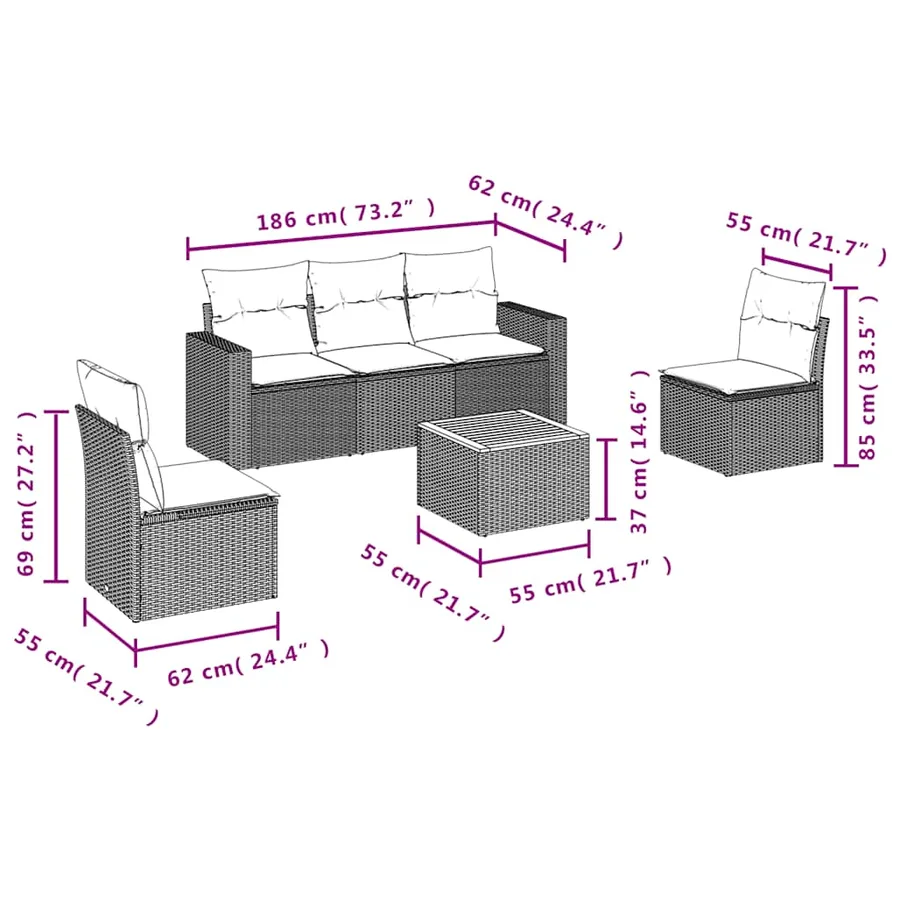 Salon de jardin 6 pcs avec coussins gris résine tressée - 10
