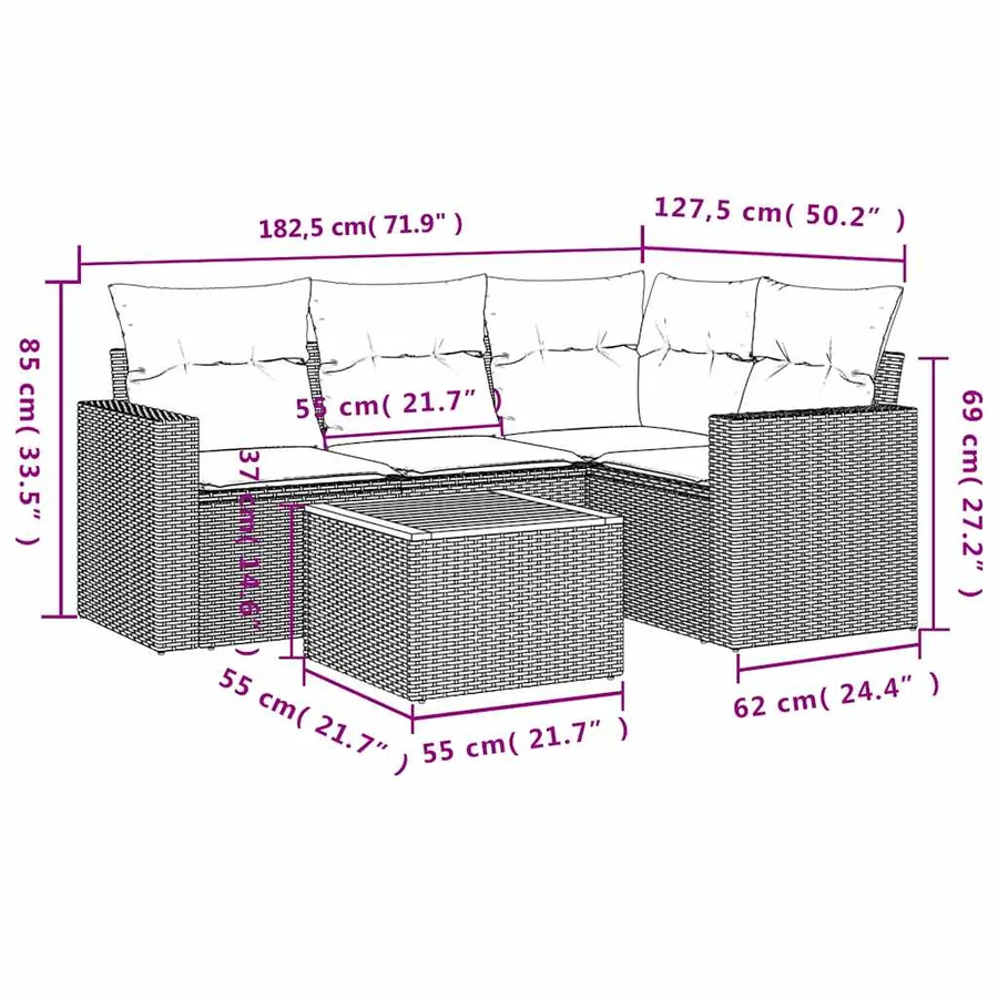 Salon de jardin 5 pcs avec coussins gris résine tressée - 12