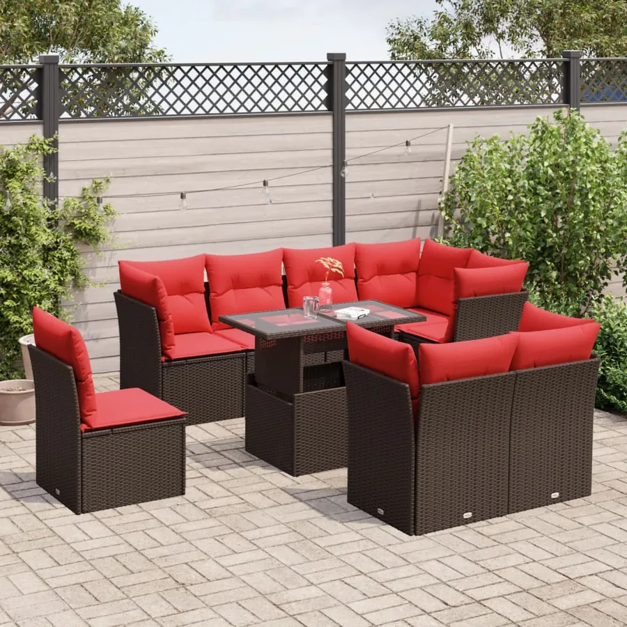 Ensemble de canapé de jardin 9 pcs avec coussins marron résine tressée