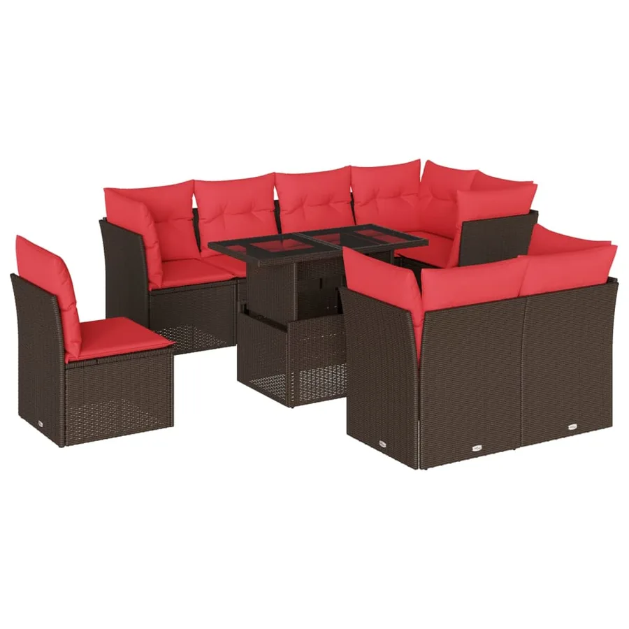 Ensemble de canapé de jardin 9 pcs avec coussins marron résine tressée - 2