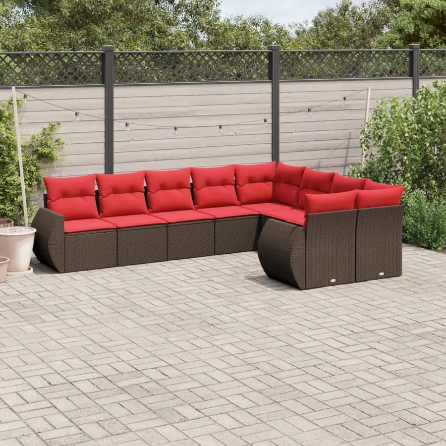 Ensemble de canapé de jardin 9 pcs avec coussins marron résine tressée