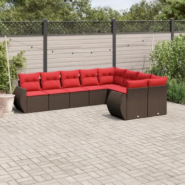 Ensemble de canapé de jardin 9 pcs avec coussins marron résine tressée