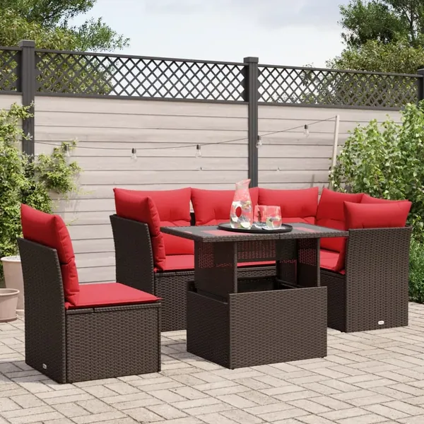 Ensemble de canapé de jardin 6 pcs avec coussins marron résine tressée