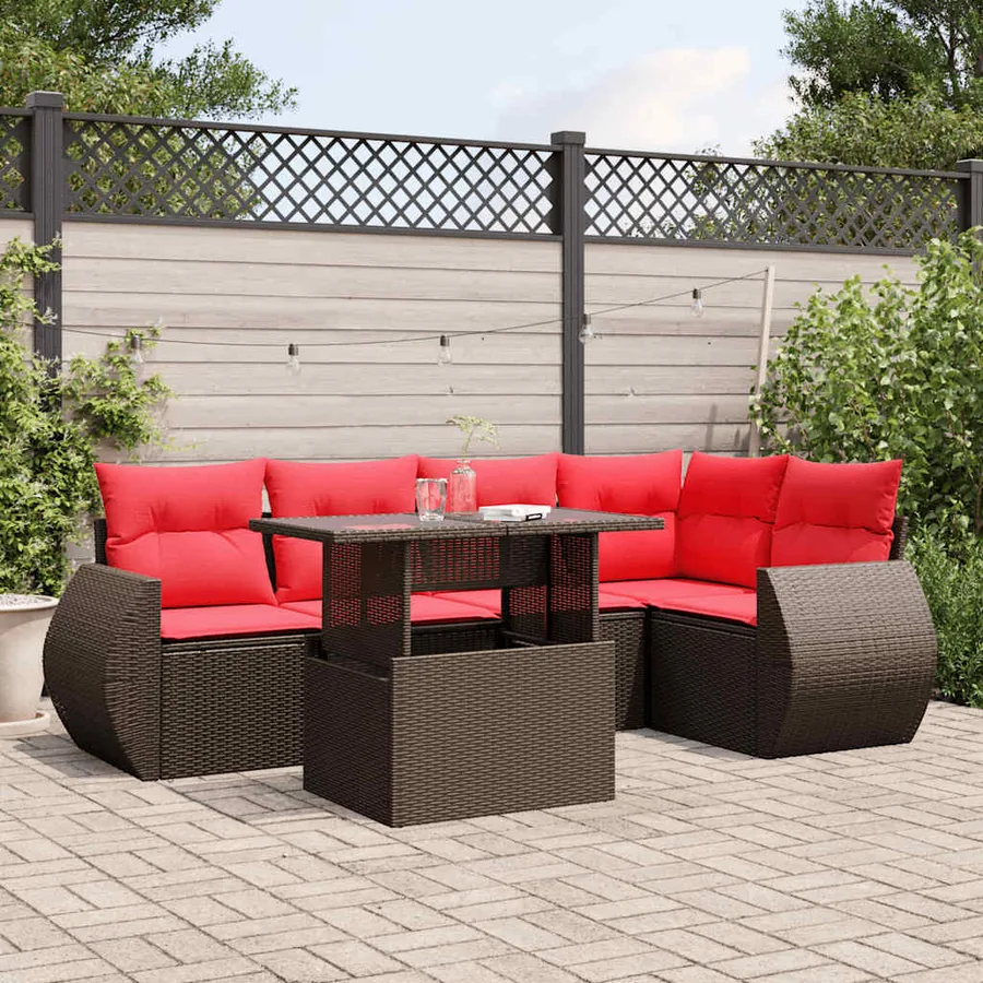 Ensemble de canapé de jardin 6 pcs avec coussins marron résine tressée