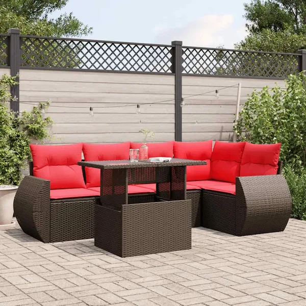 Ensemble de canapé de jardin 6 pcs avec coussins marron résine tressée