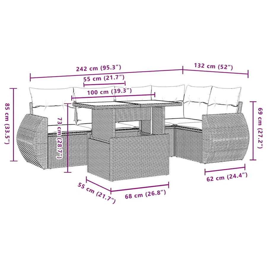 Ensemble de canapé de jardin 6 pcs avec coussins marron résine tressée - 10