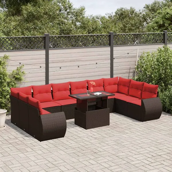 Ensemble de canapé de jardin 11 pcs avec coussins marron résine tressée