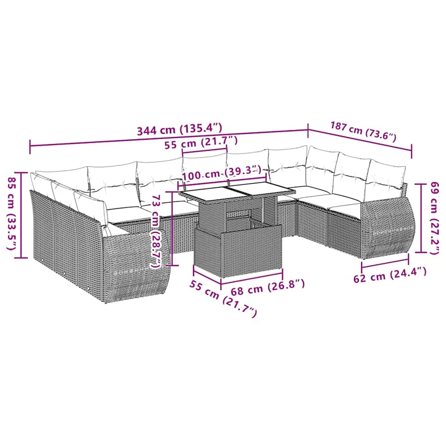Ensemble de canapé de jardin 11 pcs avec coussins marron résine tressée - 10