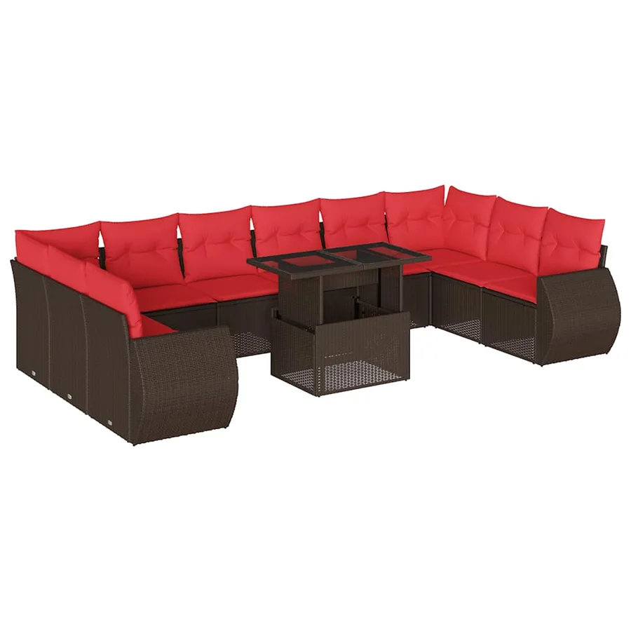 Ensemble de canapé de jardin 11 pcs avec coussins marron résine tressée - 2