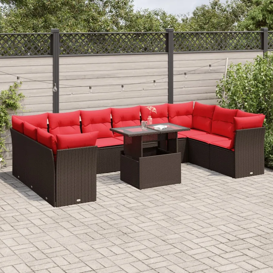 Ensemble de canapé de jardin 11 pcs avec coussins marron résine tressée