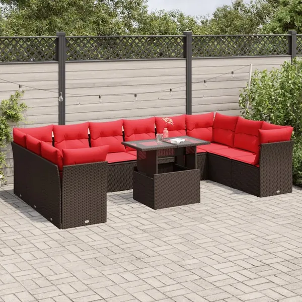 Ensemble de canapé de jardin 11 pcs avec coussins marron résine tressée